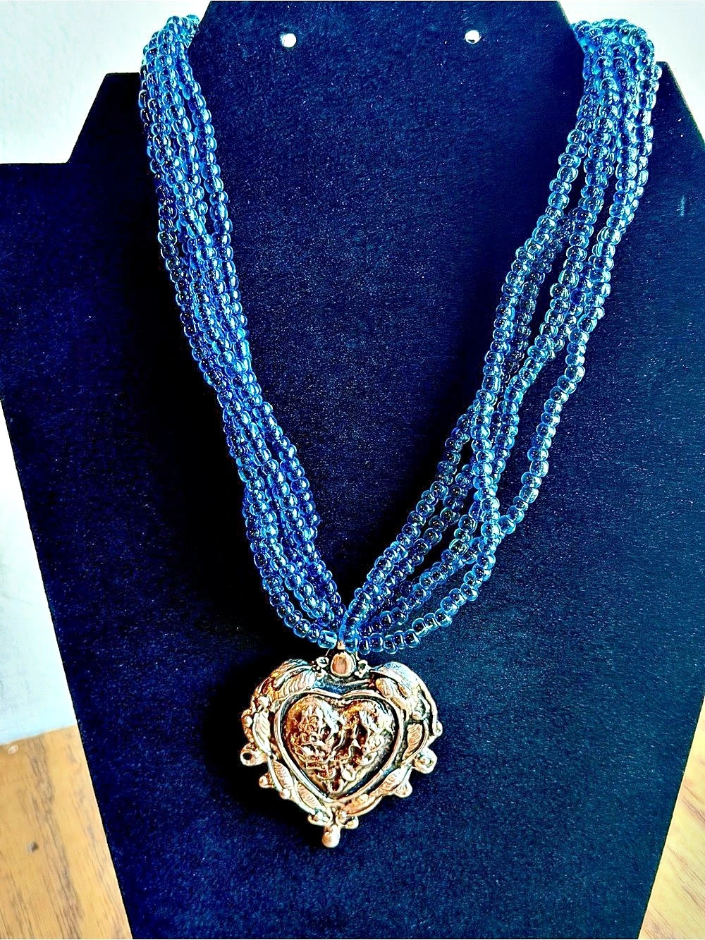 Blue Beaded Heart Pendant Necklace